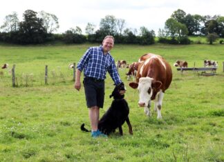 Portrait de Philippe Monnet avec un chien et une vache