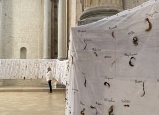 Baume-les-Dames. Dernière semaine pour voir la fresque de Kim Nezzar L’artiste a créé une immense fresque constituée de 1500 mèches de cheveux, en soutien aux droits des femmes, après la mort de Mahsa Amini.