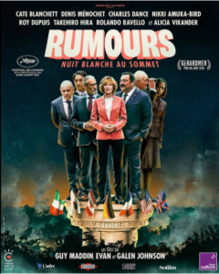 Affiche du film "Rumours" montrant un château isolé devant une forêt sombre, symbolisant l'errance des dirigeants du G7 dans une satire politique réalisée par Guy Maddin, Evan Johnson et Galen Johnson.
