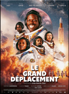 Affiche du film "Le Grand Déplacement" avec des astronautes et une fusée prête à décoller