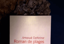 Couverture du livre Roman de plages d'Arnaud Cathrine, représentant une plage ensoleillée avec des personnes au bord de l'eau.