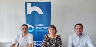 Stéphane Baudin Directeur adjoint de l'économie de GBM, Anne Vignot Présidente de Grand Besançon Métropole et Bruno Favier Directeur de la Technopole Temis