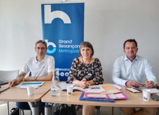 Stéphane Baudin Directeur adjoint de l'économie de GBM, Anne Vignot Présidente de Grand Besançon Métropole et Bruno Favier Directeur de la Technopole Temis