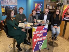 Hélène Magnin-Feysot, militante et attachée territoriale, Martin Mellion, co-chef de file, Séverine Véziès, tête de liste, Étienne Bertoneche, directeur de l'EREA Simone Veil et Magalie Suter citoyenne et ex-économiste de construction