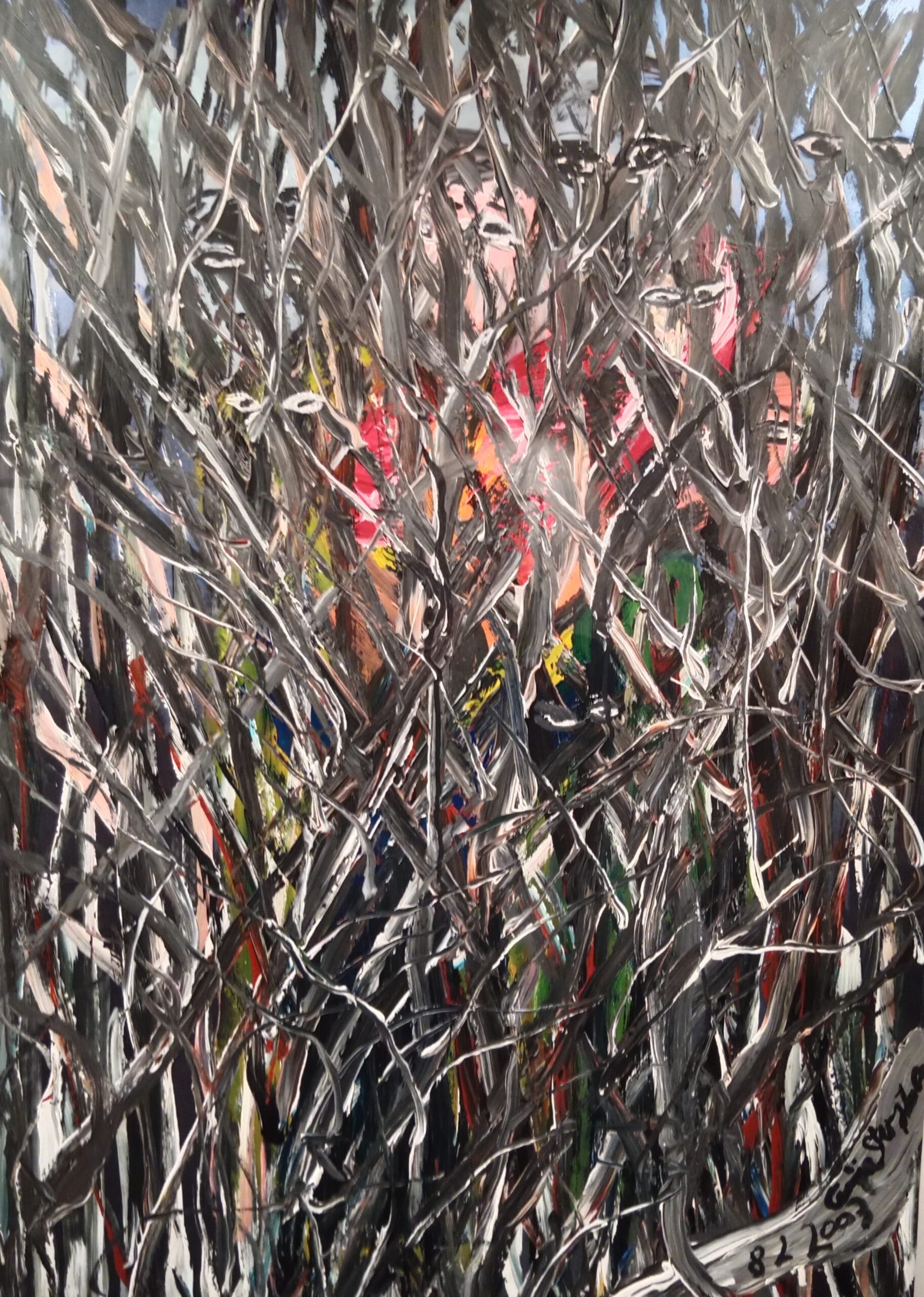 Œuvre abstraite exposée au musée des Beaux-Arts de Besançon, représentant un enchevêtrement de lignes colorées et sombres.